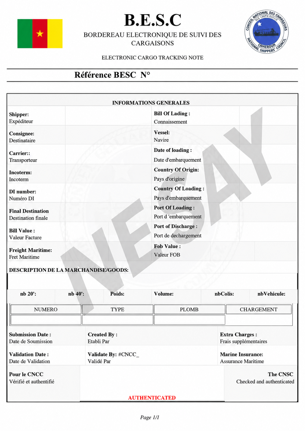 Cameroon BESC Certificate Sample