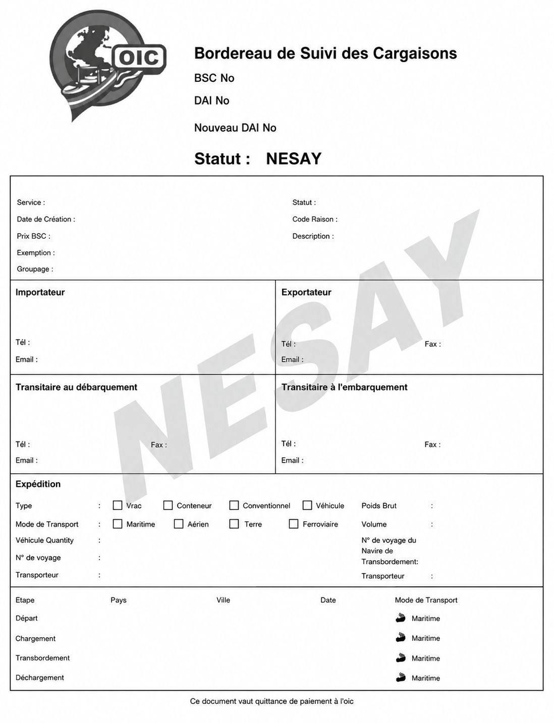 Ivory Coast BSC Certificate Sample